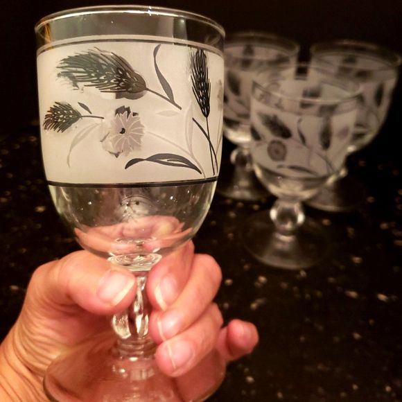 Libbey Frosted Silver Wheat Wildflower Glasses Mid-century Modern Vintage Retro - Picture 6 of 9